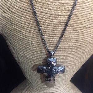 Pewter Cross Necklace with Crystals.